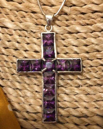 💗 Sterling silver purple crystal amethyst LG Cross necklace rope