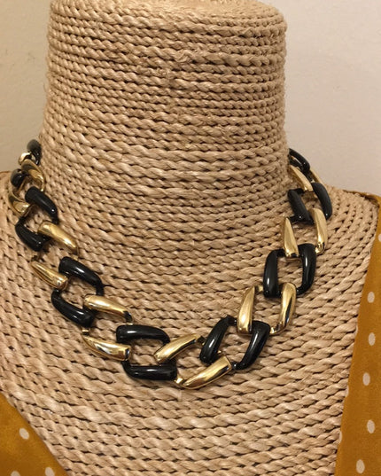 Chunky Black enamel & gold tone choker necklace