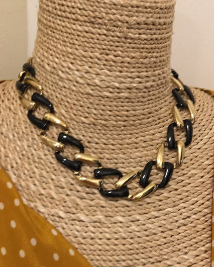 Chunky Black enamel & gold tone choker necklace