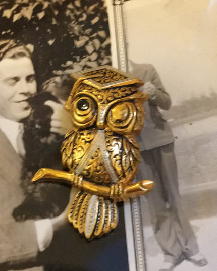 Vintage Damascene Gold finish Owl fancy brooch Spain