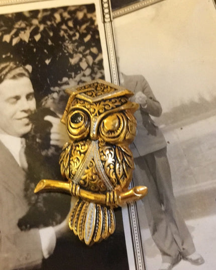 Vintage Damascene Gold finish Owl fancy brooch Spain