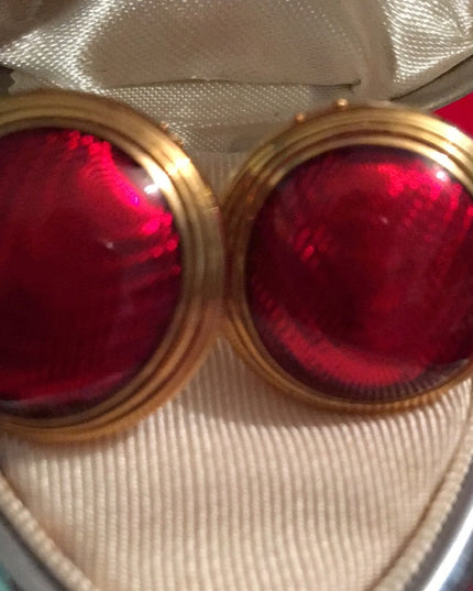 Vintage 1980s Edgar Berebi Gold finish earrings red enamel