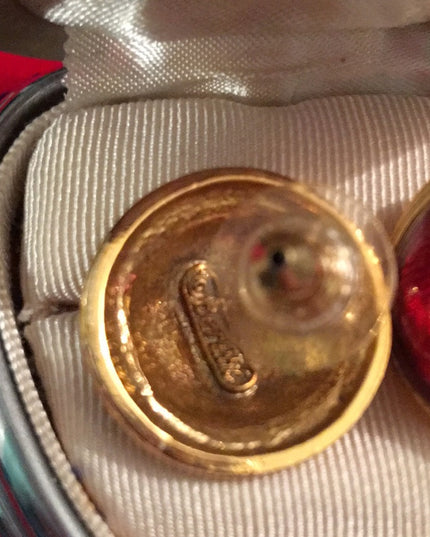 Vintage 1980s Edgar Berebi Gold finish earrings red enamel