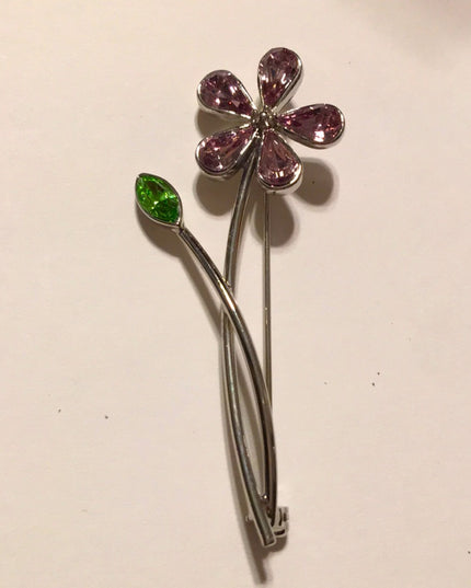 Vintage Silver metal purple crystal flower brooch