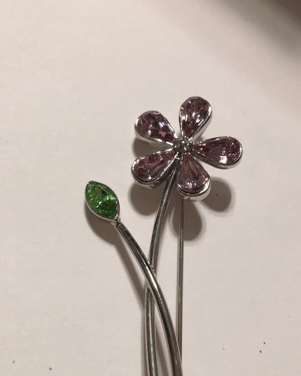 Vintage Silver metal purple crystal flower brooch