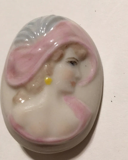 Vintage Handmade  Ceramic cameo lady brooch