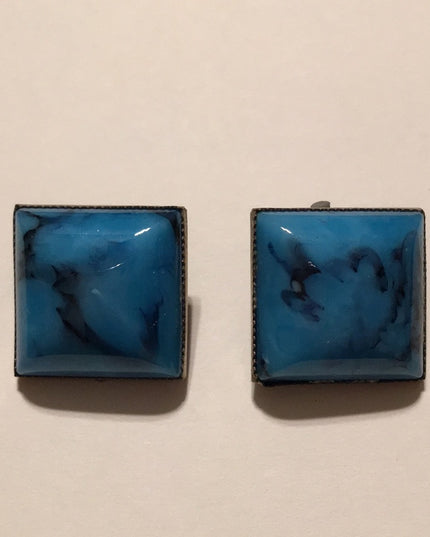 Vintage blue square art glass clip on earrings brass finish