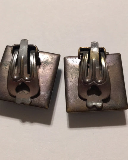 Vintage blue square art glass clip on earrings brass finish
