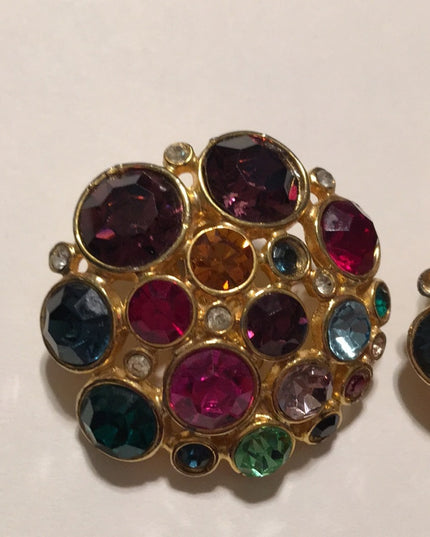 Vintage Chunky gold finish Blanca Coloful crystal encrusted clip on earrings