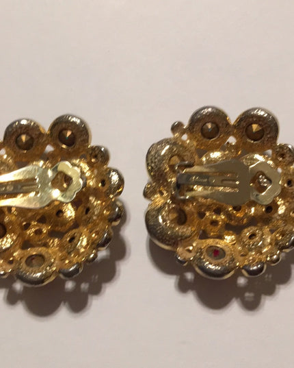 Vintage Chunky gold finish Blanca Coloful crystal encrusted clip on earrings