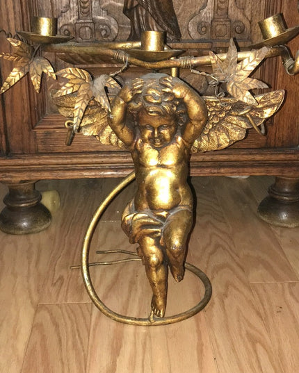 Vintage Heavy Angel cherub  Brass Candle holder