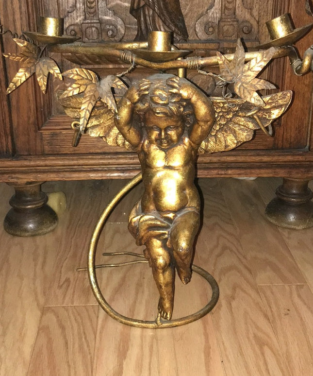 Vintage Heavy Angel cherub  Brass Candle holder