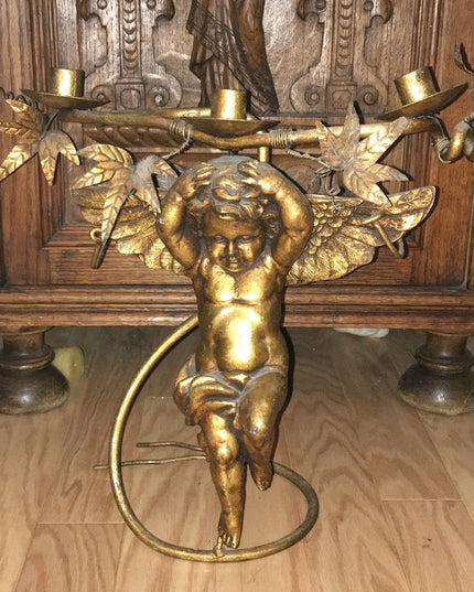 Vintage Heavy Angel cherub  Brass Candle holder