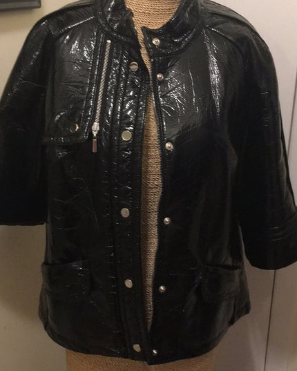 Black patent leather crop sleeve coat lightweight Pwter Nygard