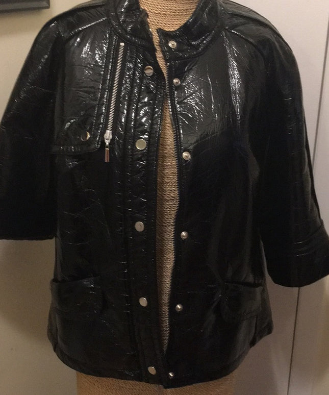 Black patent leather crop sleeve coat lightweight Pwter Nygard
