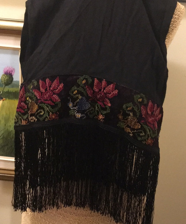 BOHO Wrap petite point velvet fringe scarf Antique