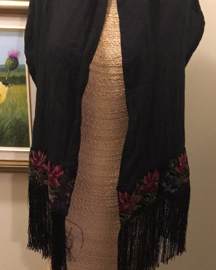 BOHO Wrap petite point velvet fringe scarf Antique