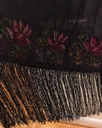 BOHO Wrap petite point velvet fringe scarf Antique