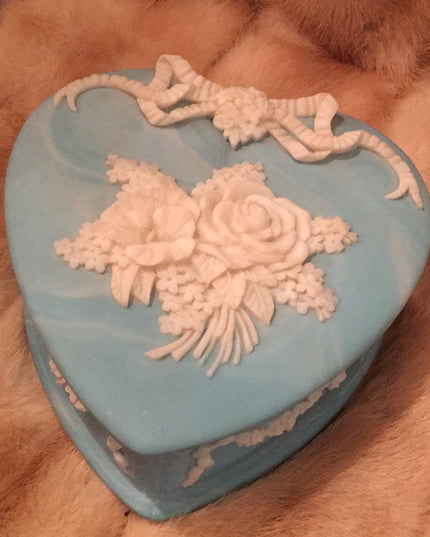 Vintage ornate Incolay stone Heart Jewelry box blue flowers floral