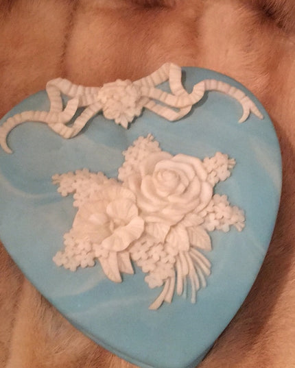 Vintage ornate Incolay stone Heart Jewelry box blue flowers floral