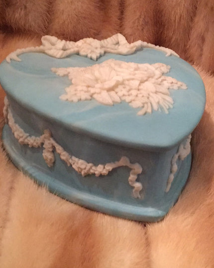 Vintage ornate Incolay stone Heart Jewelry box blue flowers floral