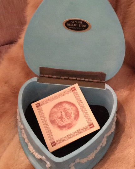 Vintage ornate Incolay stone Heart Jewelry box blue flowers floral