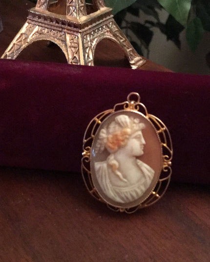 14k Gold Antique Victorian Cameo Brooch Conch