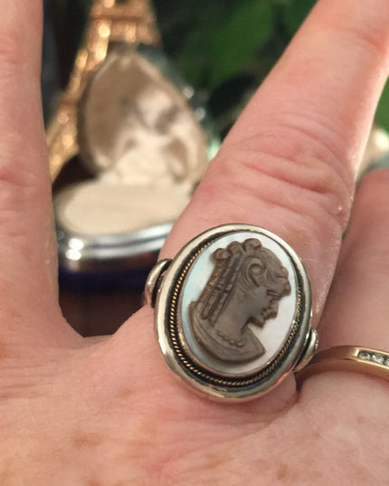 Antique Victorian carved MOP Sterling cameo ring Spectacular 925
