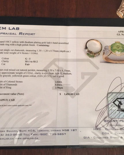 10k Gold diamond & Peridot ring w/appraisal