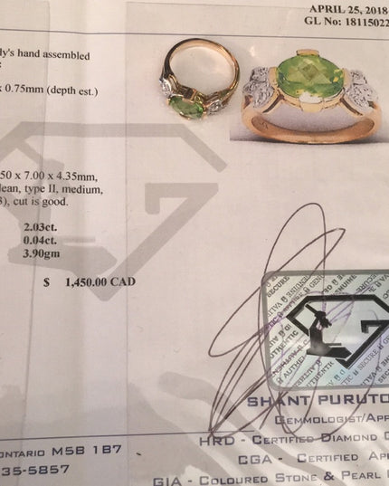 10k Gold diamond & Peridot ring w/appraisal