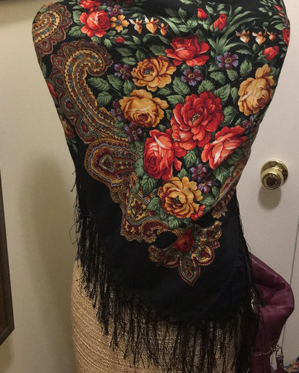Vintage Flower wrap scarf fringe Hippie Boho