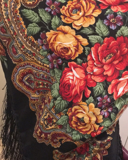 Vintage Flower wrap scarf fringe Hippie Boho