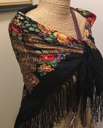 Vintage Flower wrap scarf fringe Hippie Boho