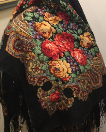 Vintage Flower wrap scarf fringe Hippie Boho