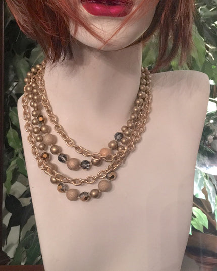 1990s Beautiful gold finish faux pearls chain crystals 4 strand necklace