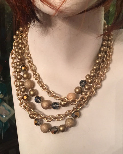 1990s Beautiful gold finish faux pearls chain crystals 4 strand necklace