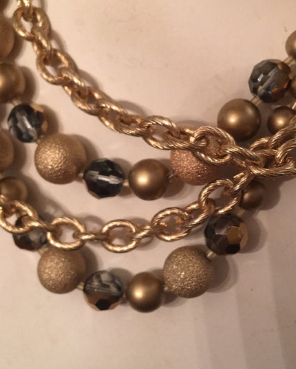 1990s Beautiful gold finish faux pearls chain crystals 4 strand necklace