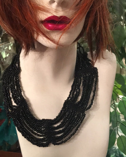 Vintage black micro bead cleopatra necklace choker multi strand thick