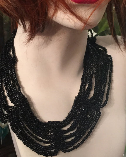 Vintage black micro bead cleopatra necklace choker multi strand thick