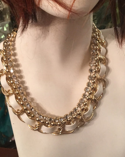 Gold chain with leather & crystals chic necklace