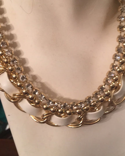 Gold chain with leather & crystals chic necklace