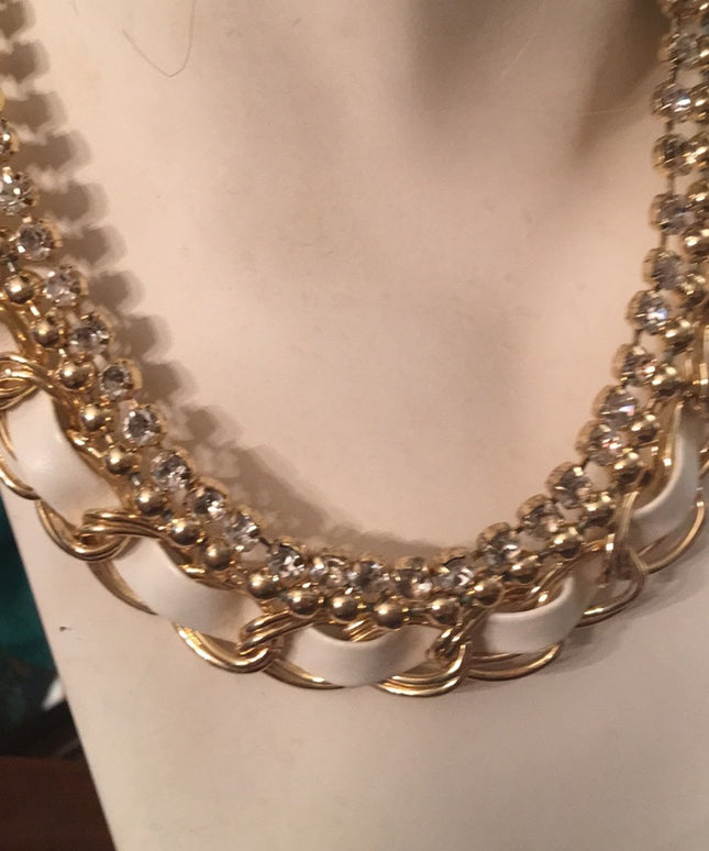 Gold chain with leather & crystals chic necklace