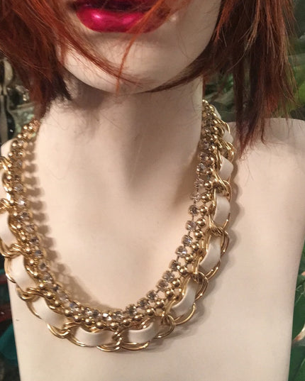 Gold chain with leather & crystals chic necklace