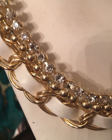 Gold chain with leather & crystals chic necklace