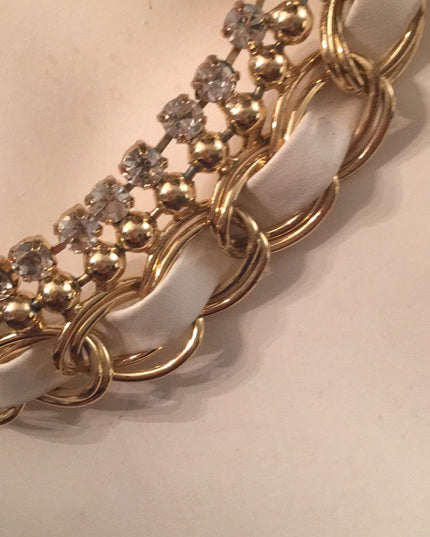 Gold chain with leather & crystals chic necklace