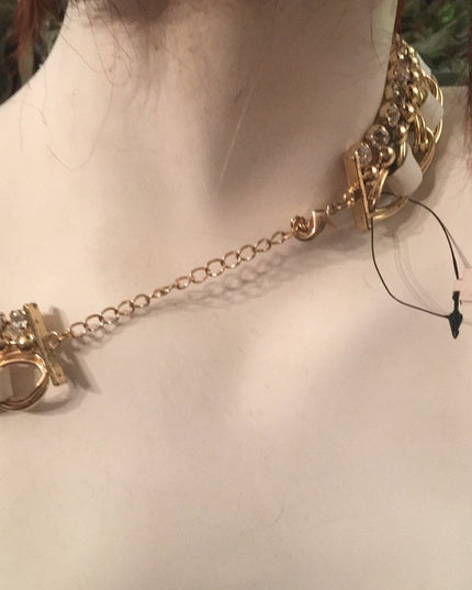 Gold chain with leather & crystals chic necklace