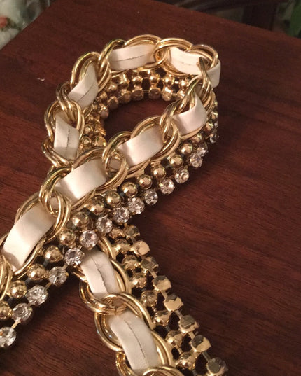 Gold chain with leather & crystals chic necklace