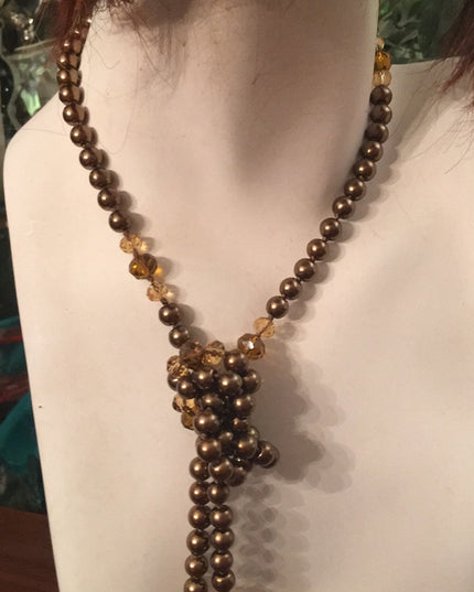 Glass pearl copper color with amber crystal necklace VG Long double up