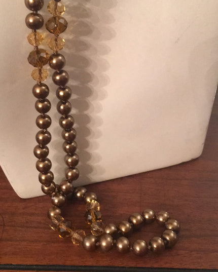 Glass pearl copper color with amber crystal necklace VG Long double up