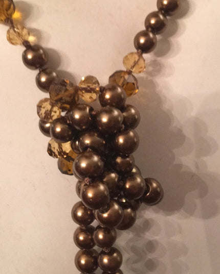 Glass pearl copper color with amber crystal necklace VG Long double up